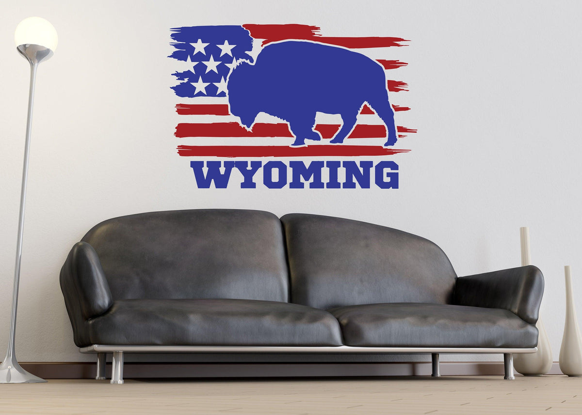 Rustic Wyoming wall decal featuring a bison silhouette and an American flag design.