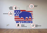 Wyoming bison and American flag wall decal with waterproof, removable and easy-install vinyl icons.