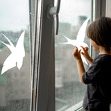 Child applying anti-collision bird decals on a rainy window to prevent bird strikes.