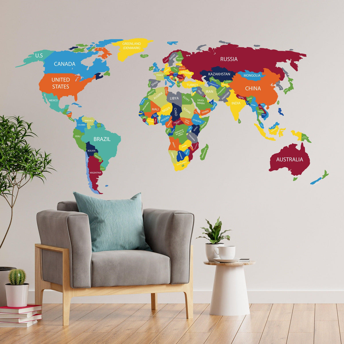 Colorful world map wall decal with country names.