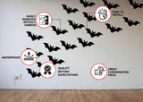 Product features graphic for 25 Halloween bat window decals.