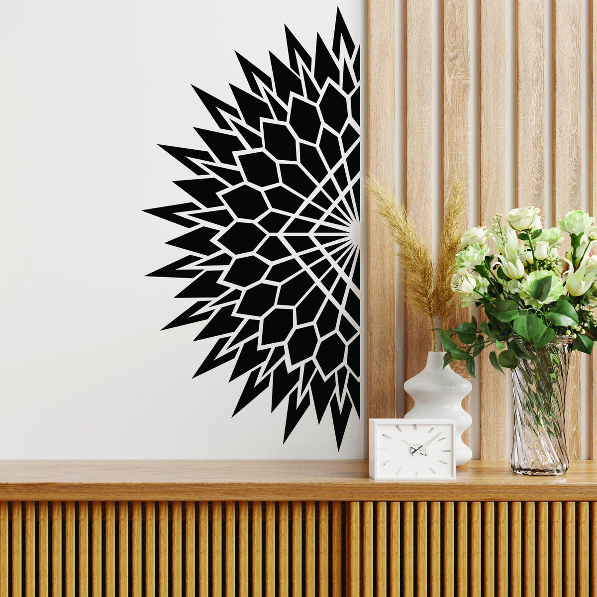 Half Geometric Mandala Wall Decal on a modern wall, enhancing the stylish living space with black vinyl art.