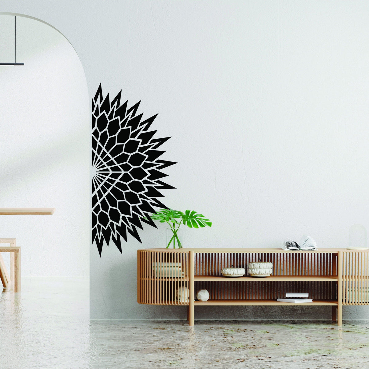 Half Geometric Mandala Wall Decal in modern living room, enhancing tranquility and style.