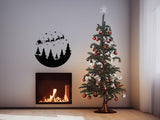 Circular Santa sleigh and deers wall decal above a festive Christmas tree and cozy fireplace.