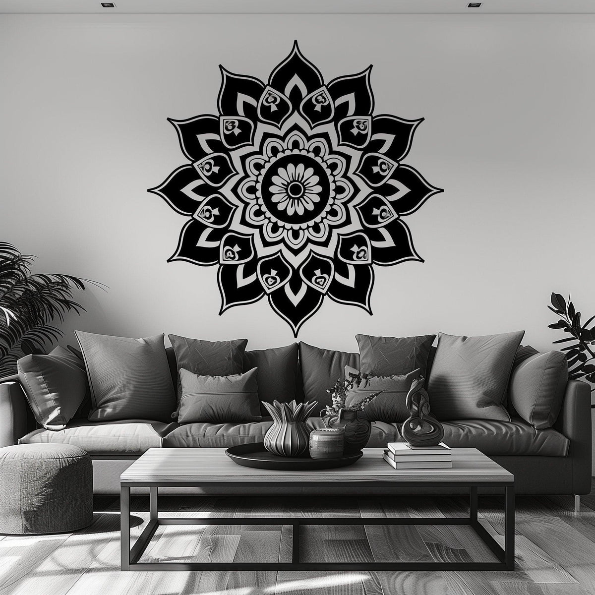 Sacred geometry mandala wall art decal in a modern living room setting, enhancing spirituality and tranquility.