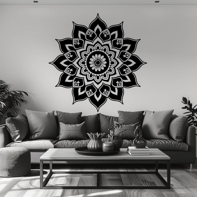 Sacred geometry mandala wall art decal in a modern living room setting, enhancing spirituality and tranquility.