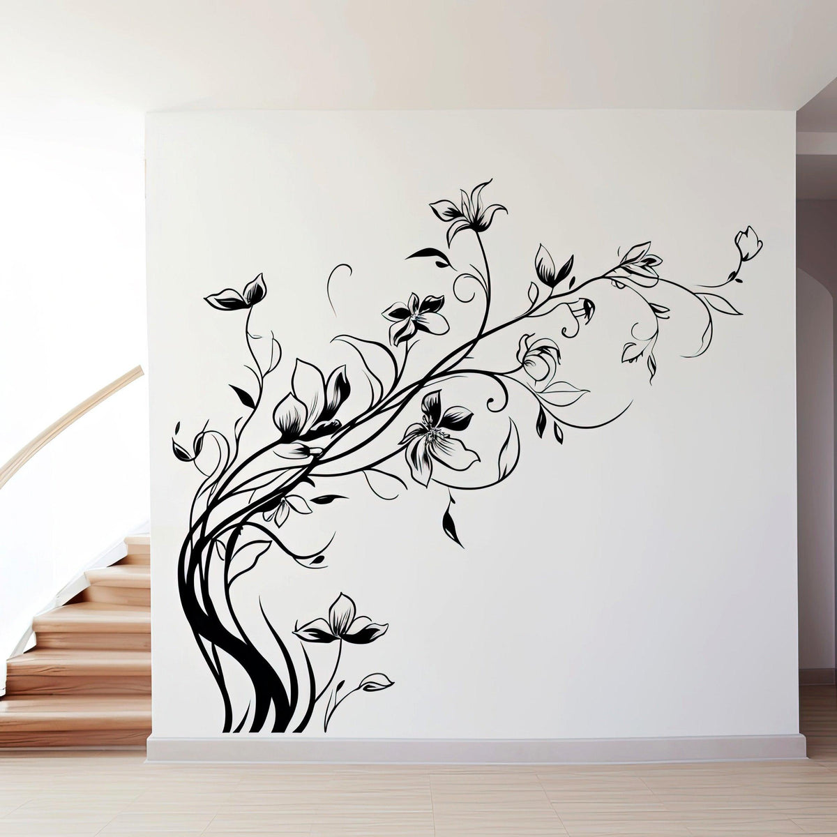 Elegant flowers wall decal design on white wall, adding beauty and tranquility to a living room decor.