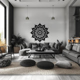 Sacred Geometry Mandala Wall Art Decal in a modern living room, enhancing tranquility and spiritual ambiance.