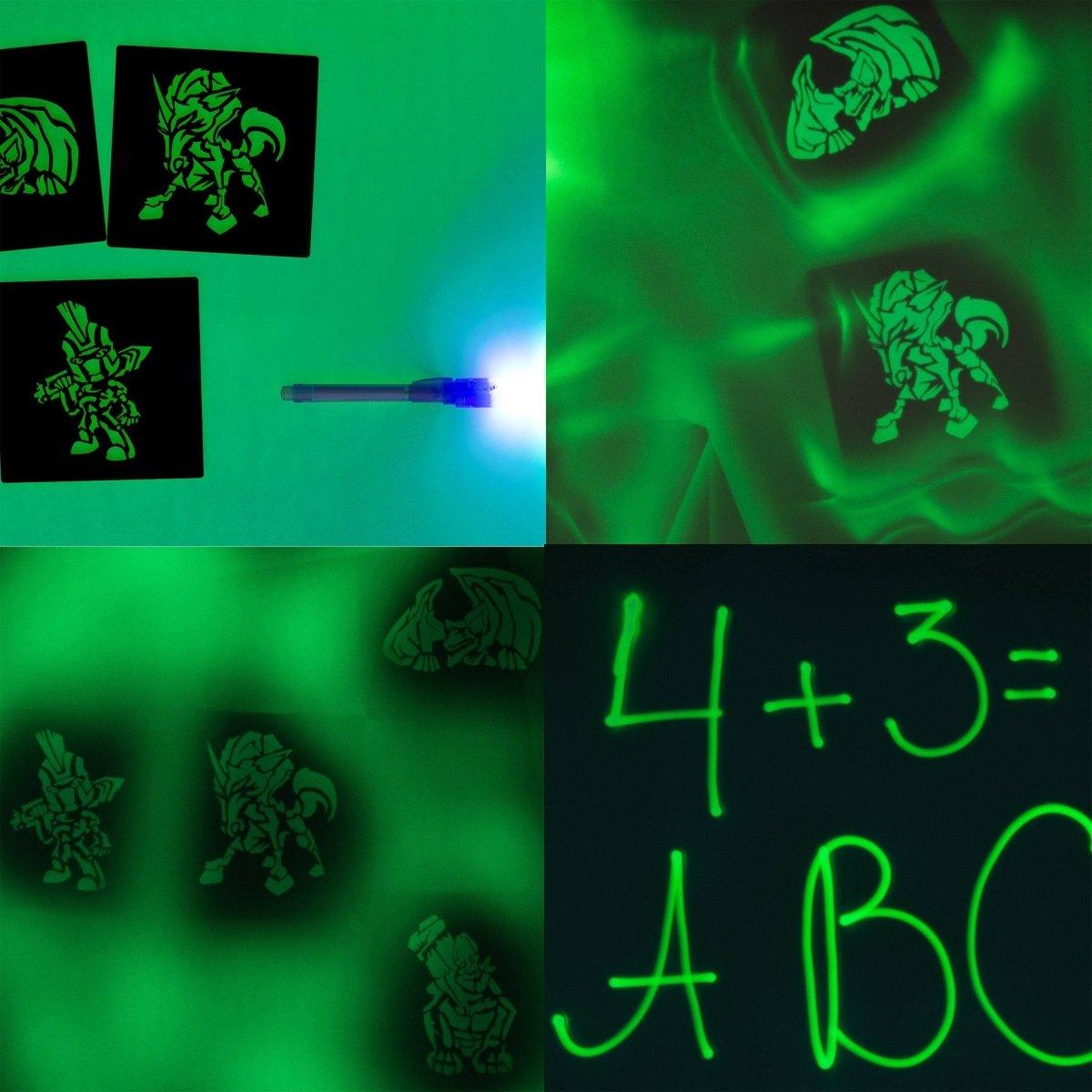 Glow in the dark drawing board with illuminated sketches, showcasing creative designs and educational fun.