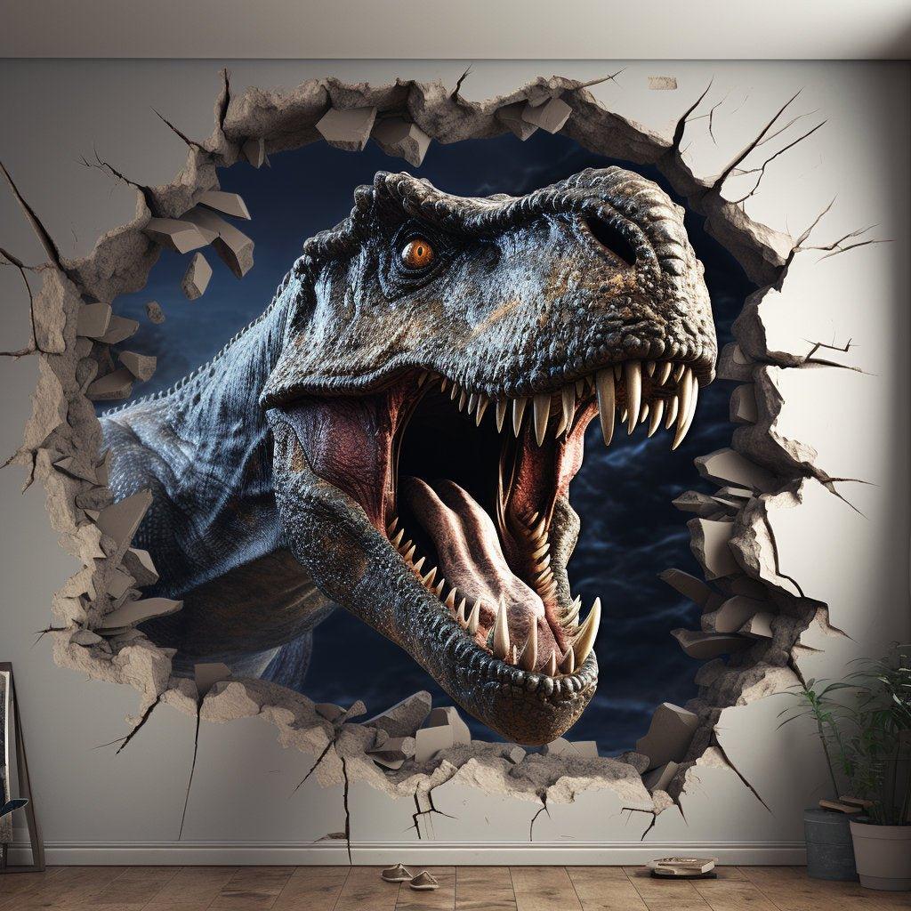 Realistic 3D dinosaur wall decal creating a broken wall illusion in a kids room.