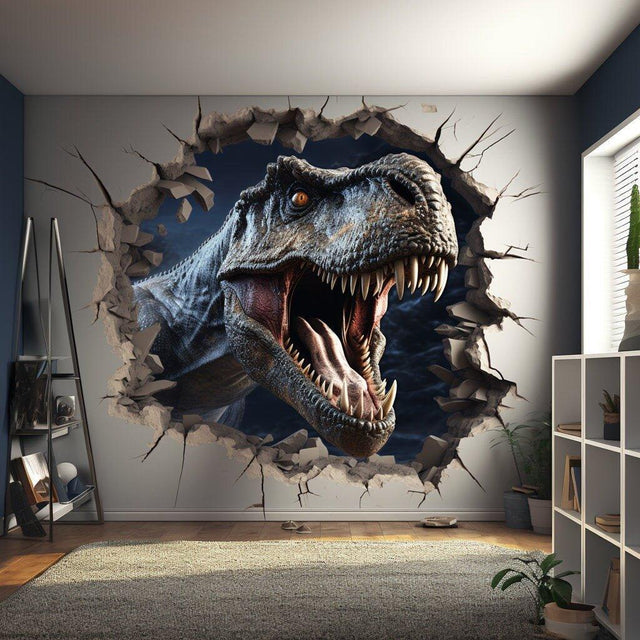 Jurassic dinosaur wall decal with a printed cracked-wall illusion