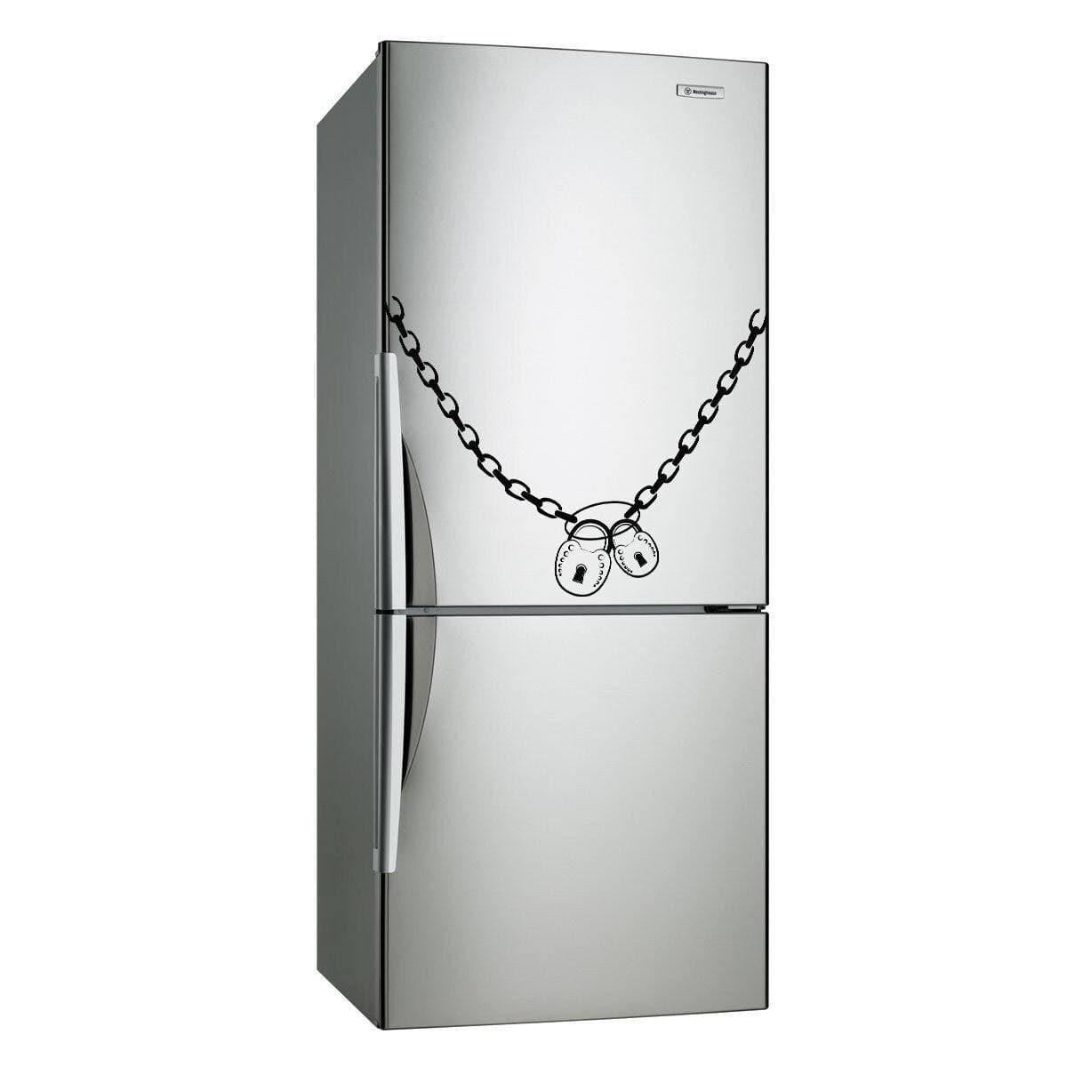 Aesthetic vinyl kitchen fridge decal featuring a chain and padlock design for unique kitchen decor.