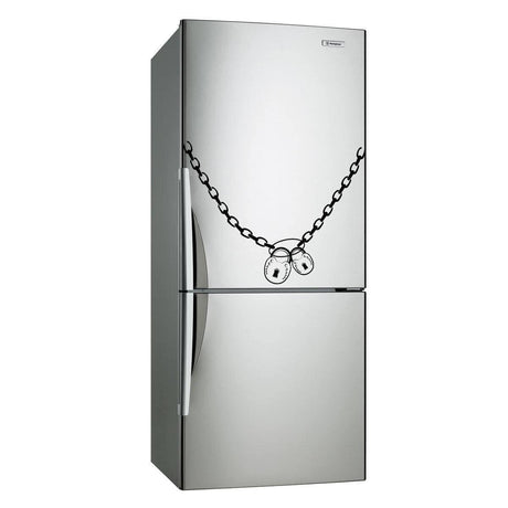 Aesthetic vinyl kitchen fridge decal featuring a chain and padlock design for unique kitchen decor.