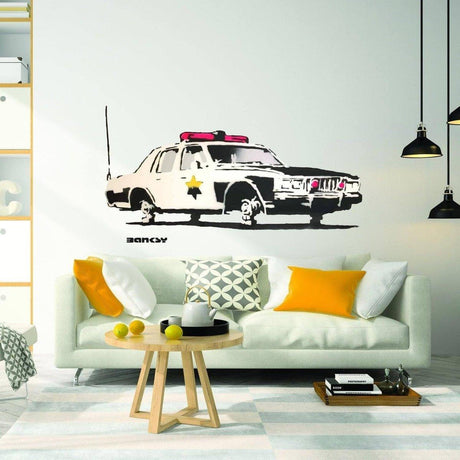 Police car wall sticker for kids room decor, featuring a stylish black and white design.