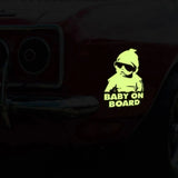 Glowing baby on board car decal, luminescent safety sticker for vehicles, adds visibility and style.