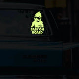 Glowing baby on board car decal, luminescent safety sticker for vehicles, child safety in cars