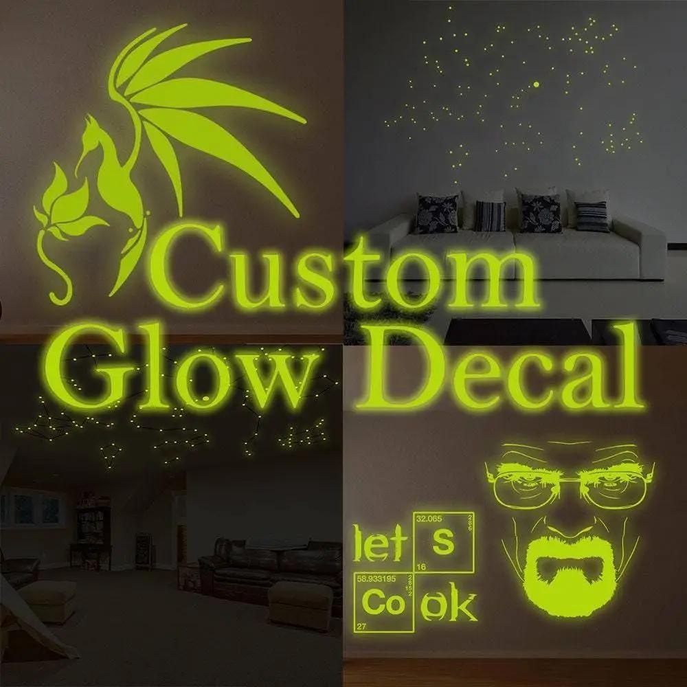Custom glow-in-the-dark vinyl wall decals creating a luminous atmosphere in various home settings.