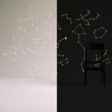 Glowing starry sky ceiling decal on a wall, showcasing luminous constellation stickers in dark lighting.