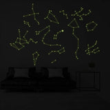 Glow-in-the-dark starry sky ceiling decal featuring luminous constellation stickers on a dark wall.